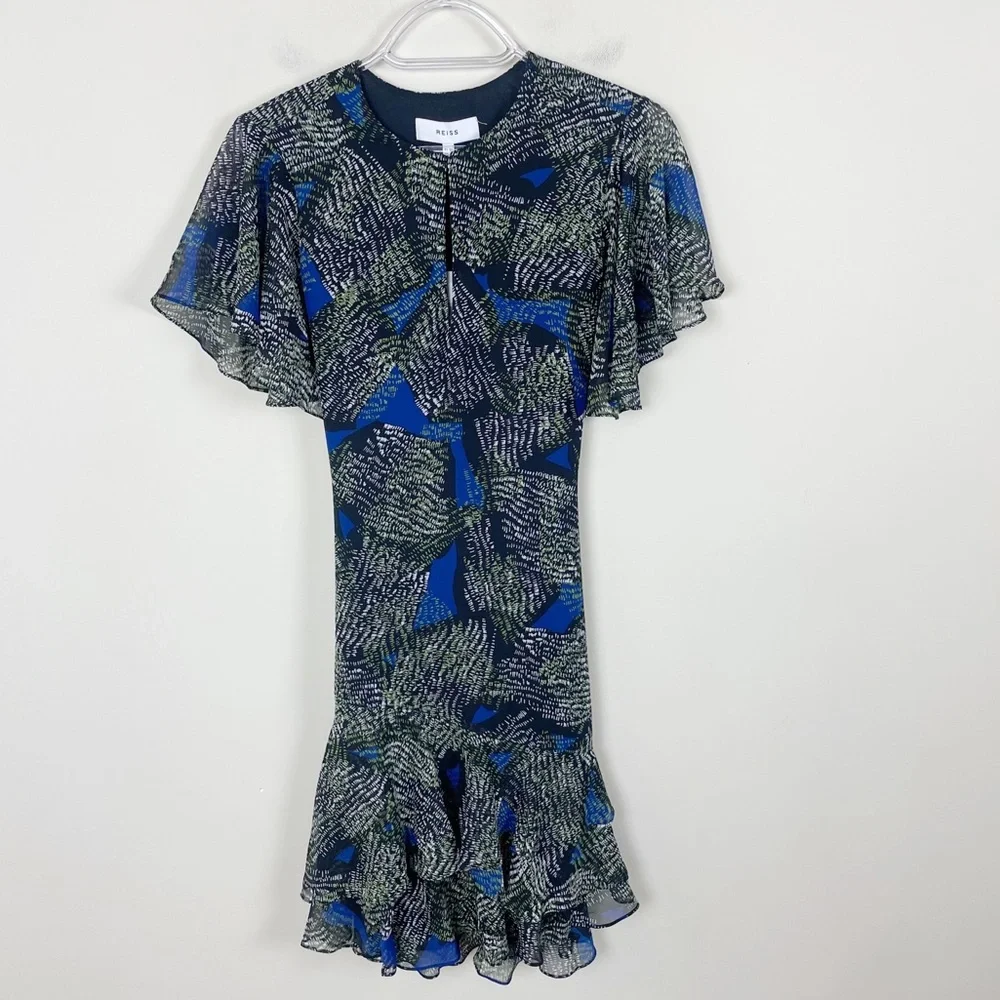 REISS Sophie Chiffon Mini Dress Green Jungle Print Green Size 0 - Picture 1 of 12